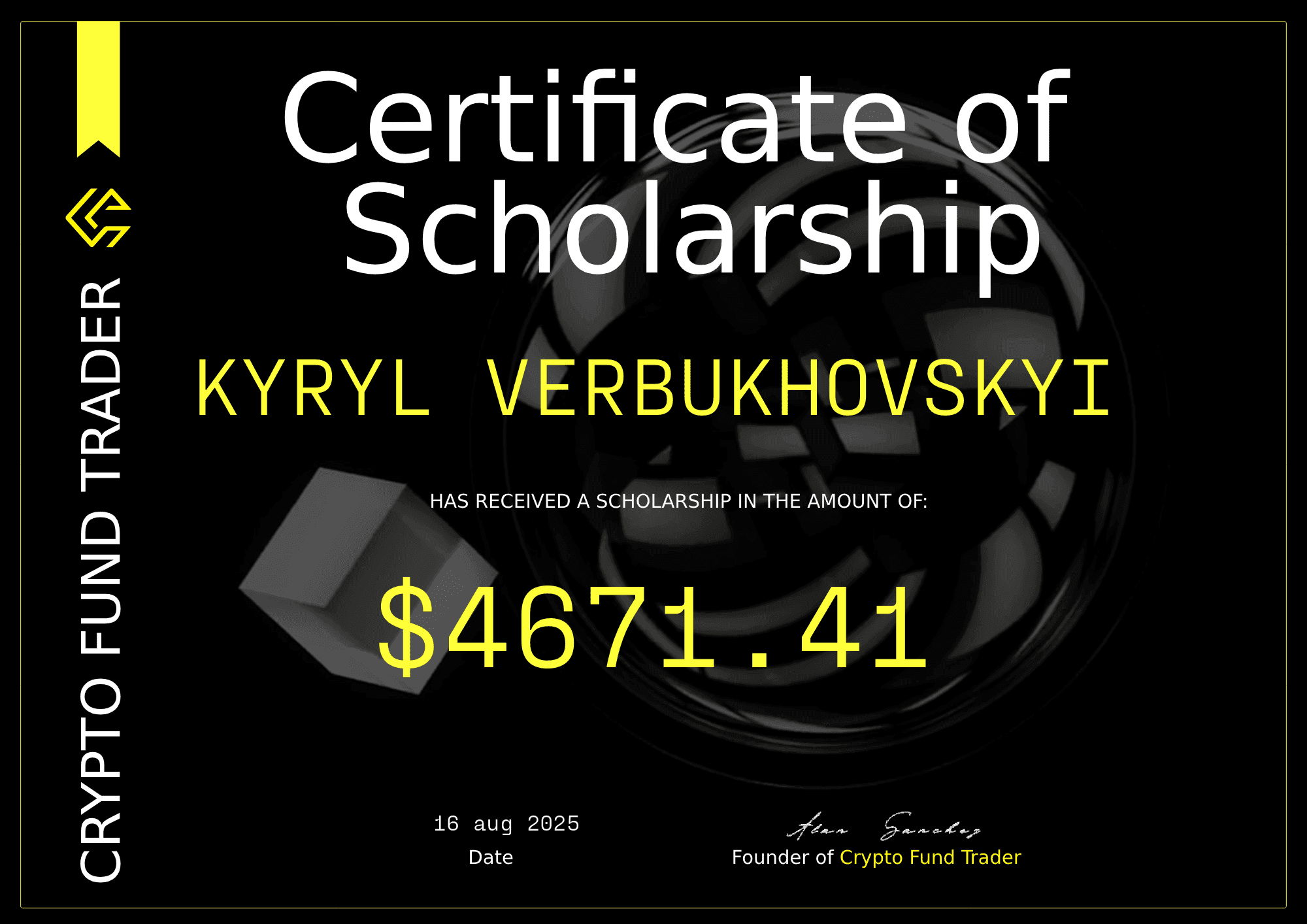 Crypto Fund Trader scholarship certificate