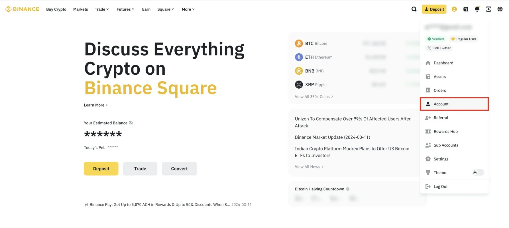 Binance profile menu with Account selected
