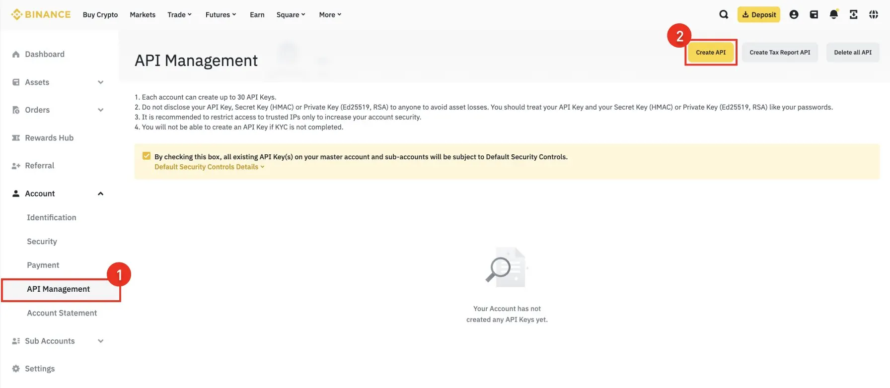 Binance API Management page with the Create API button highlighted