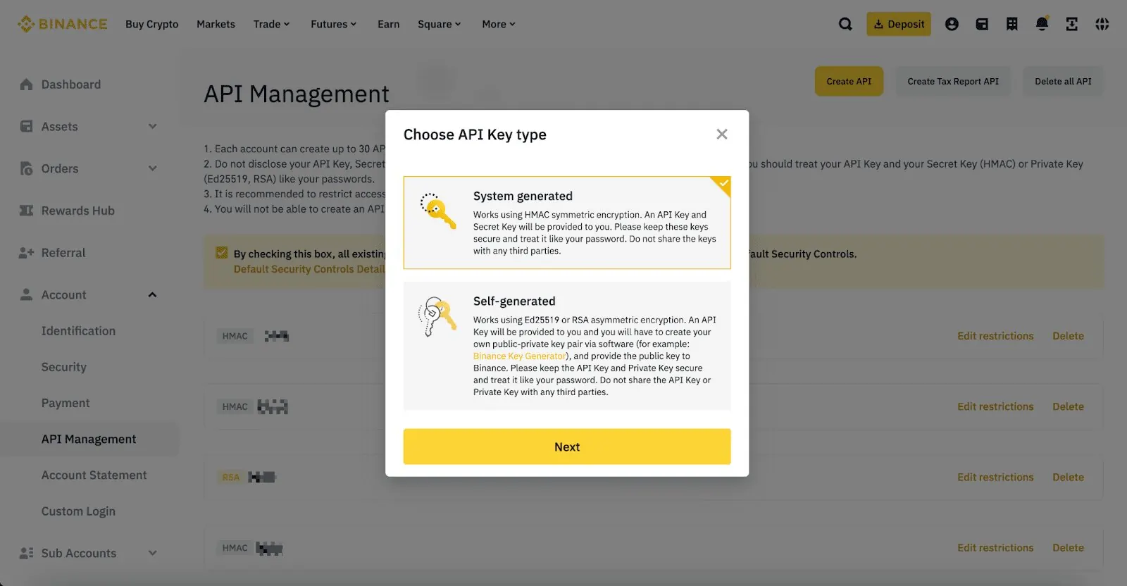 Binance API key type selection with System generated selected