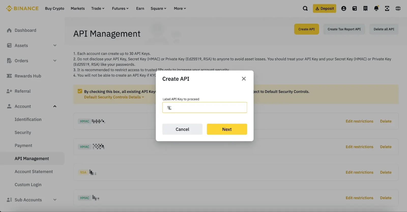 Binance API key label field containing the name BitStat