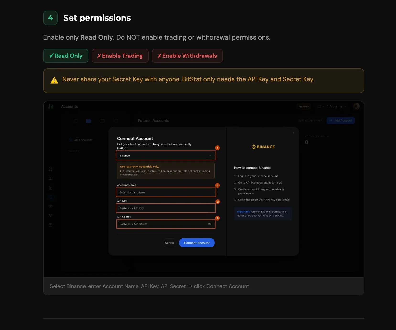 BitStat Binance connection form with account name and API credential fields