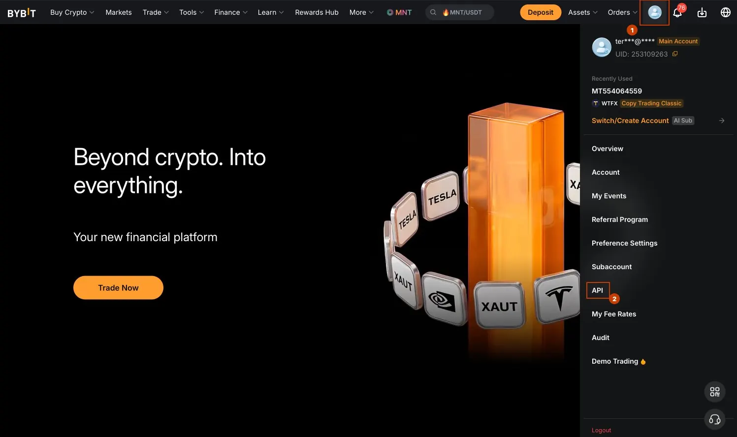Bybit profile menu with the API item highlighted
