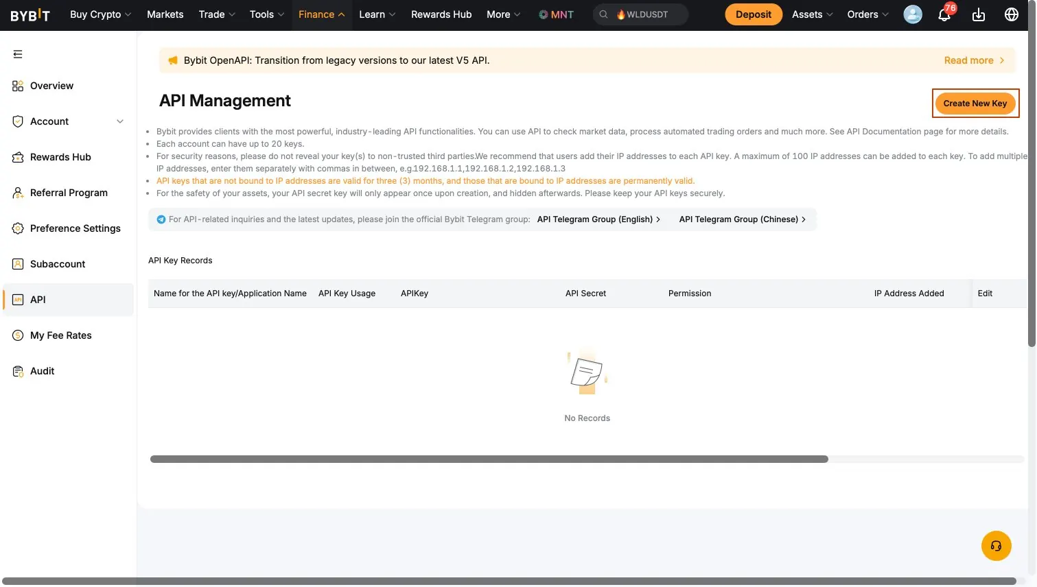 Bybit API Management page with Create New Key highlighted
