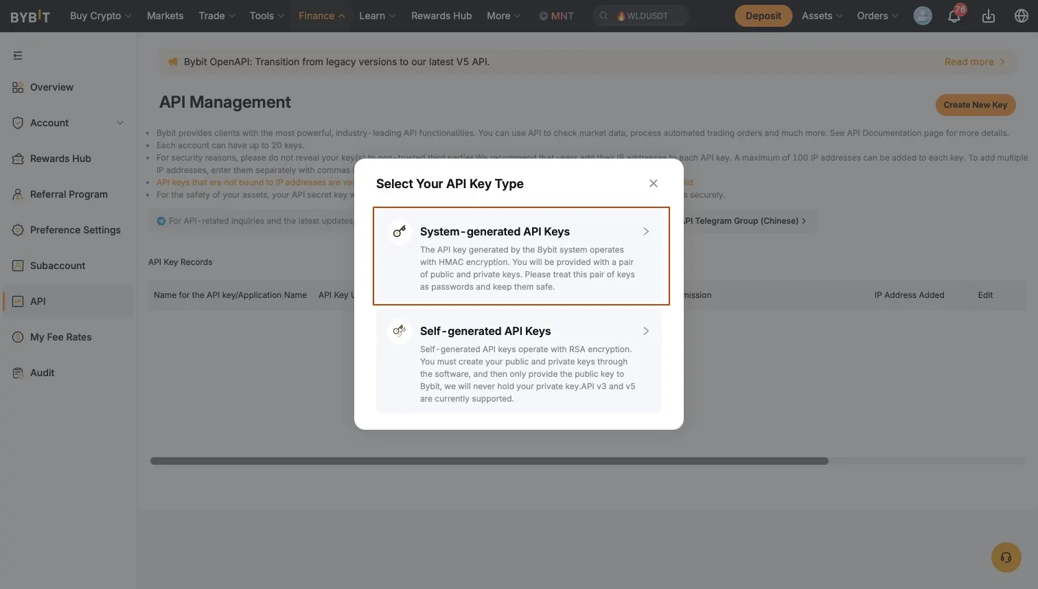 Bybit API key type dialog with System-generated API Keys selected