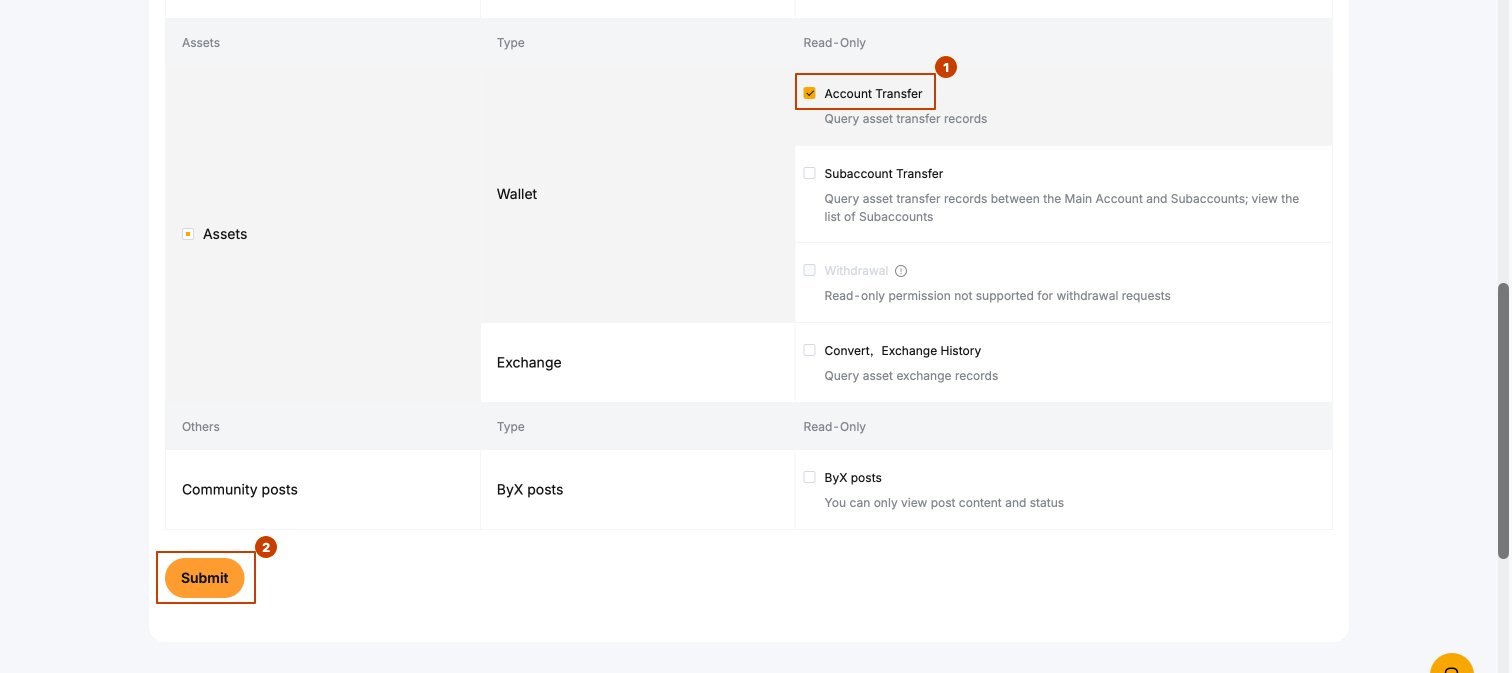 Assets — leave only Account Transfer (1) → click Submit (2)