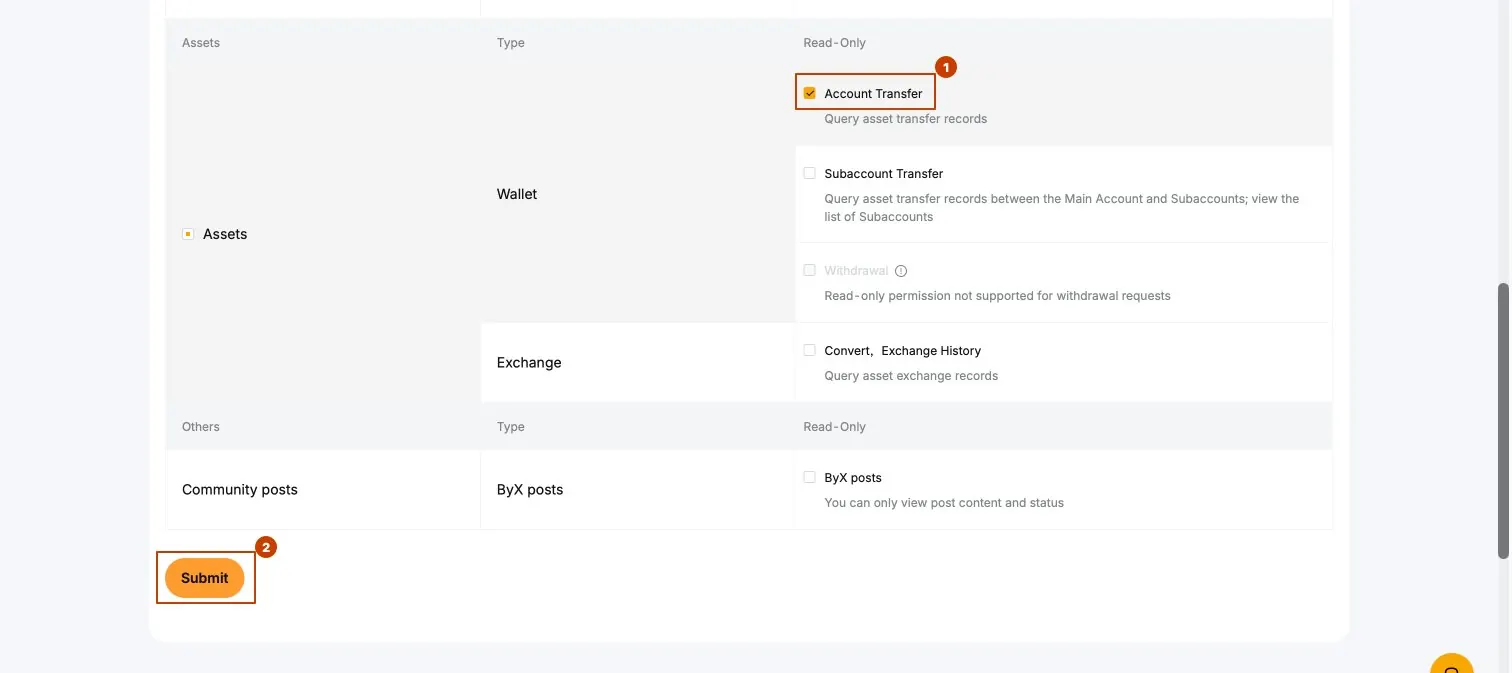 Bybit Assets permissions with Account Transfer selected and Submit highlighted
