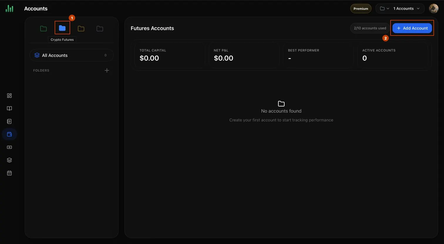 BitStat Accounts page with Crypto Futures and Add Account highlighted