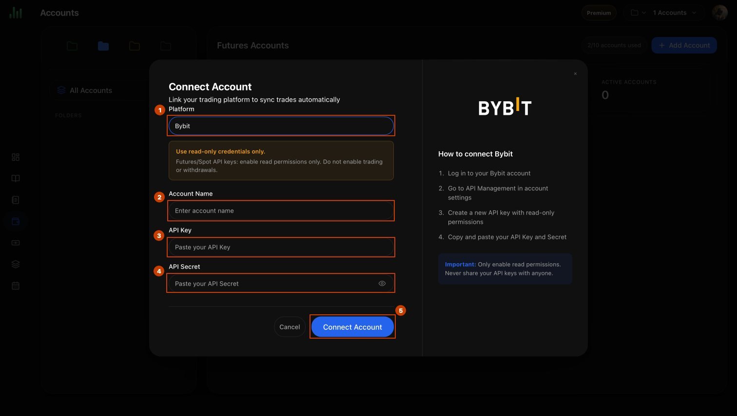 Select Bybit → enter details → Connect Account
