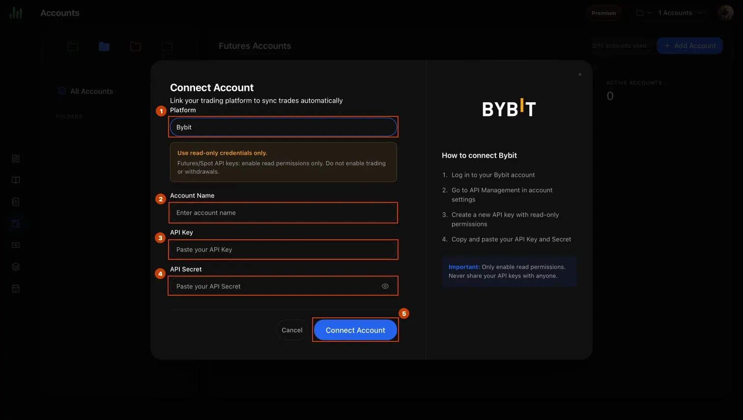 BitStat Bybit connection form with account name and API credential fields