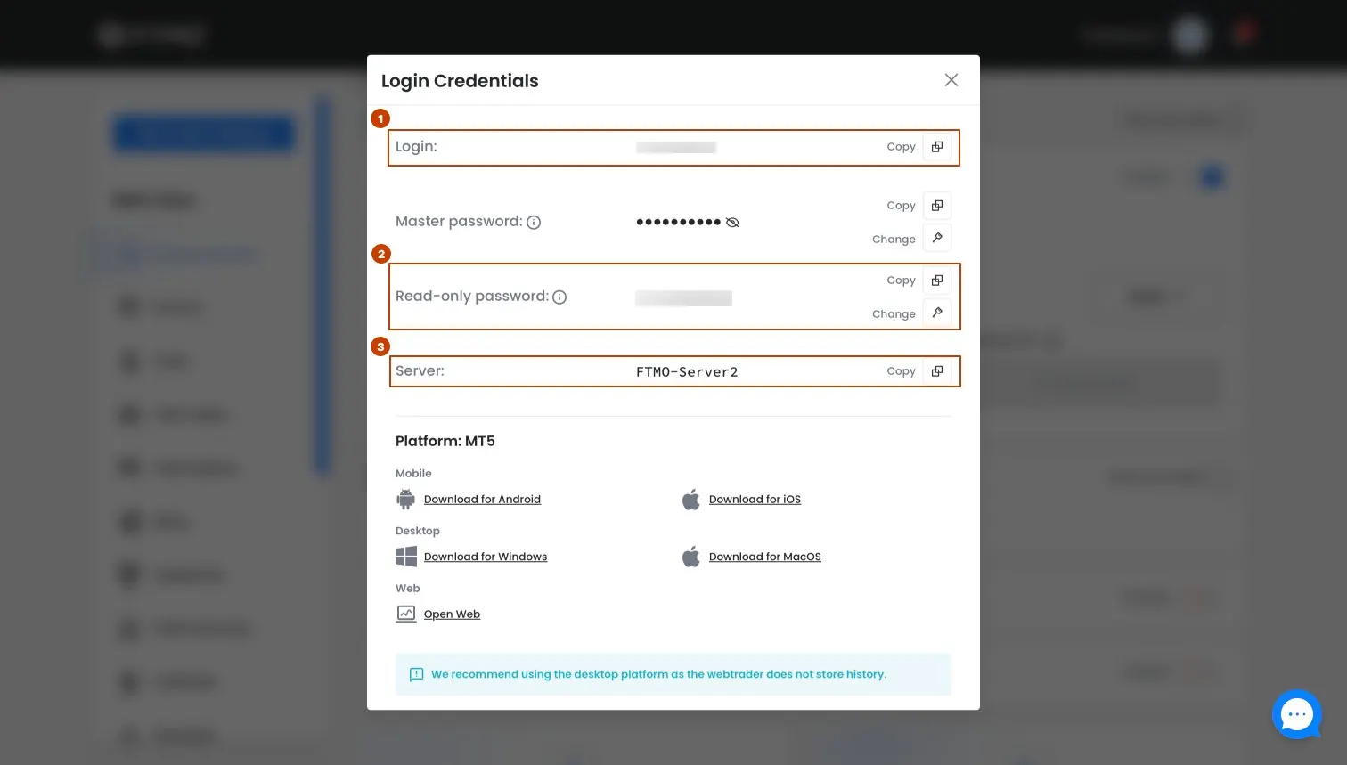 Broker cabinet example showing MT5 login, read-only password, and server name