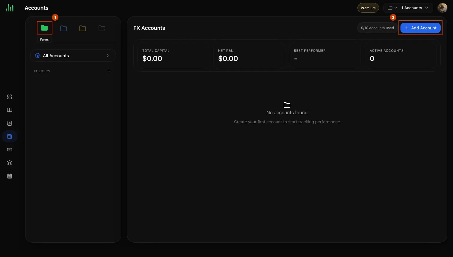 BitStat Accounts page with the FX tab and Add Account highlighted