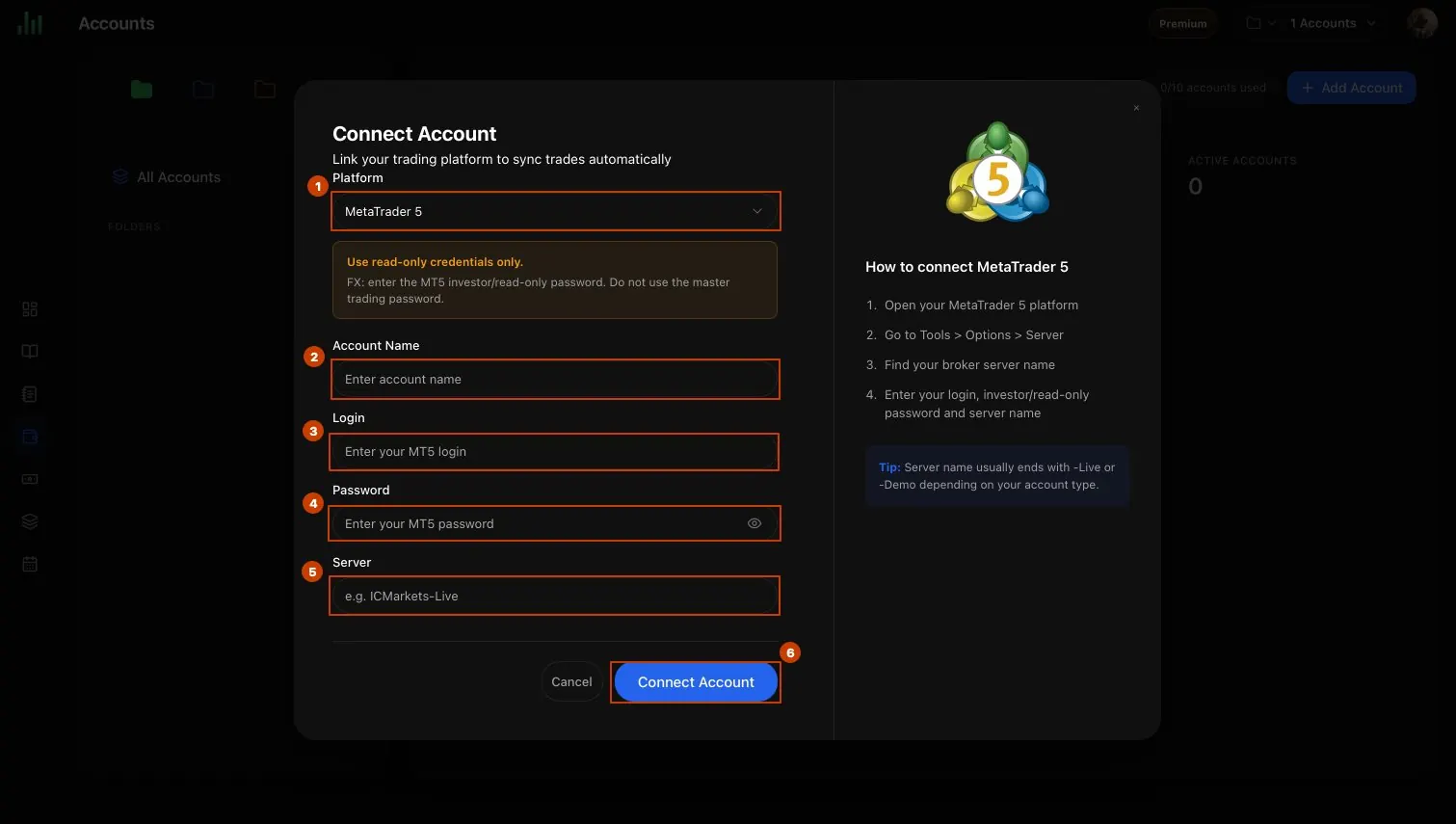 BitStat MetaTrader 5 connection form with login, Investor Password, and server fields