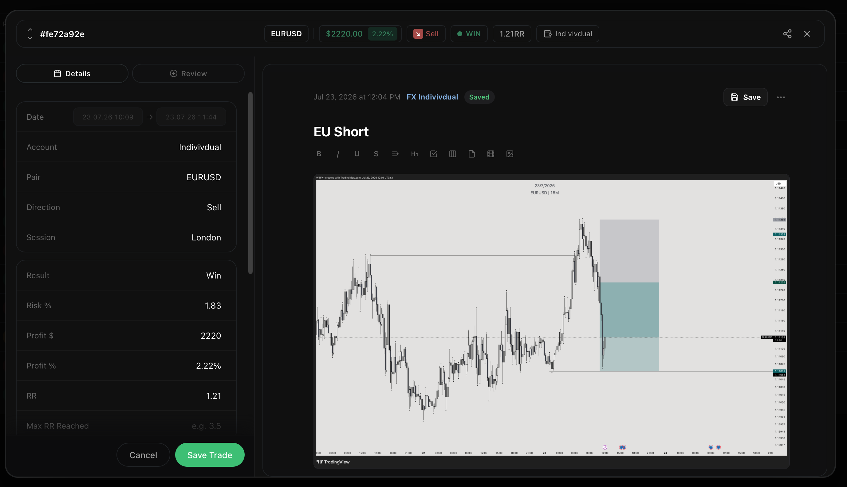Trade details and review in BitStat