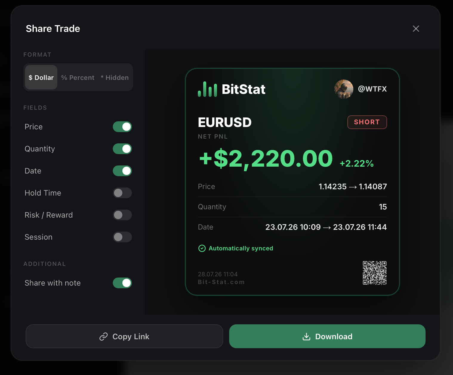 Share Trade window in BitStat